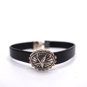King Baby Star Concho Black Leather Bracelet With Hook Clasp .925 USA
